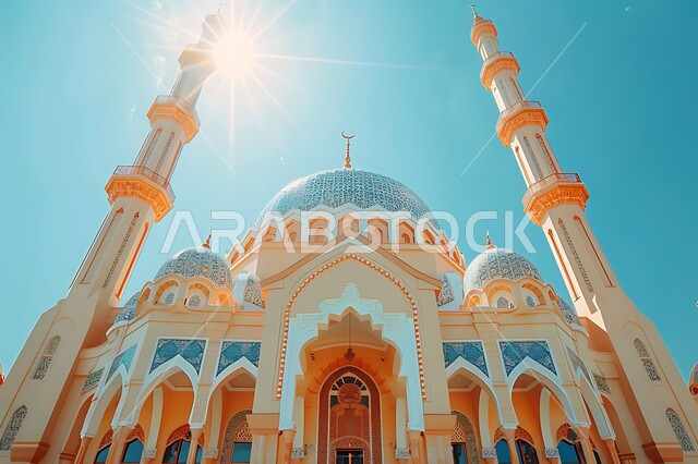 Islamic holy places during the day, Muslims call to perform religious duties and prayers, worship and drawing closer to God, modern exterior decorations and designs for building a mosque in white, architectural engineering art for building mosques in the Kingdom of Saudi Arabia, decorated domes and minarets