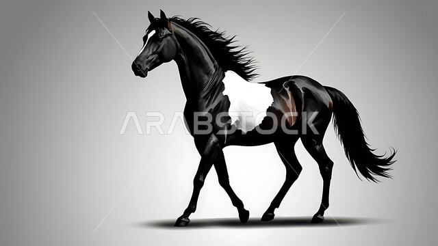 Passion for horses and love of the Saudi horse, a symbol of courage, chivalry and horse riding skill, inheriting the love and care of horses from ancestors in the Kingdom of Saudi Arabia, a purebred black Arabian horse, practicing the hobby of horse riding, gray background