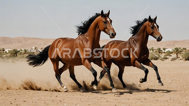 تربيه وتدريب الخيول في المملكه العربيه, اتباع تقاليد الأجداد برعاية وتربية الجياد, أنشطة وفعاليات ركوب الأحصنة في السعودية، فرسان عربيان يركضان فوق رمال الصحراء الذهبيه الناعمة, محميات طبيعيه للاهتمام بالحيوانات البريه, خلفية الطبيعه الصحراويه
