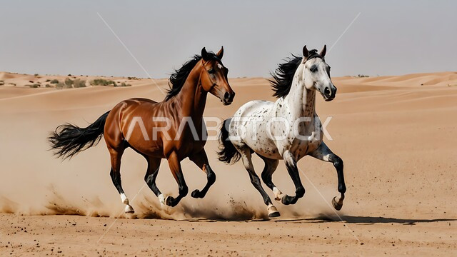 Horse breeding and training in the Kingdom of Saudi Arabia, following the traditions of the ancestors in caring for and raising horses, horse riding activities and events in Saudi Arabia, two Arabian knights running over the soft golden desert sands, nature reserves for caring for wild animals, desert nature background