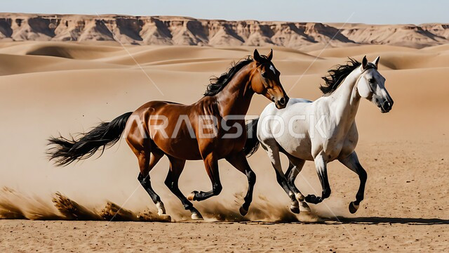 Horse breeding and training in the Kingdom of Saudi Arabia, following the traditions of the ancestors in caring for and raising horses, horse riding activities and events in Saudi Arabia, two Arabian knights running over the soft golden desert sands, nature reserves for caring for wild animals, desert nature background
