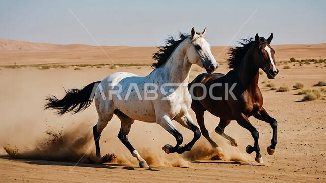 محميات طبيعيه للاهتمام بالحيوانات البريه, تربيه وتدريب الخيول في المملكه العربيه, اتباع تقاليد الأجداد برعاية وتربية الجياد, أنشطة وفعاليات ركوب الأحصنة في السعودية، فرسان عربيان يركضان فوق رمال الصحراء الذهبيه الناعمة, خلفية الطبيعه الصحراويه