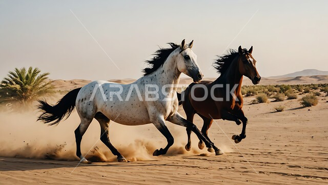 محميات طبيعيه للاهتمام بالحيوانات البريه, تربيه وتدريب الخيول في المملكه العربيه, اتباع تقاليد الأجداد برعاية وتربية الجياد, أنشطة وفعاليات ركوب الأحصنة في السعودية، فرسان عربيان يركضان فوق رمال الصحراء الذهبيه الناعمة, خلفية الطبيعه الصحراويه