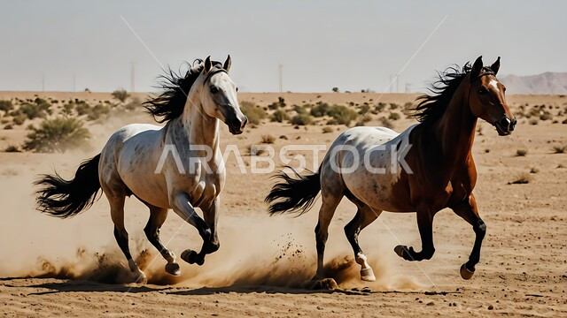 محميات طبيعيه للاهتمام بالحيوانات البريه, تربيه وتدريب الخيول في المملكه العربيه, اتباع تقاليد الأجداد برعاية وتربية الجياد, أنشطة وفعاليات ركوب الأحصنة في السعودية، فرسان عربيان يركضان فوق رمال الصحراء الذهبيه الناعمة, خلفية الطبيعه الصحراويه