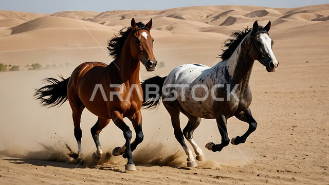 محميات طبيعيه للاهتمام بالحيوانات البريه, تربيه وتدريب الخيول في المملكه العربيه, اتباع تقاليد الأجداد برعاية وتربية الجياد, أنشطة وفعاليات ركوب الأحصنة في السعودية، فرسان عربيان يركضان فوق رمال الصحراء الذهبيه الناعمة, خلفية الطبيعه الصحراويه