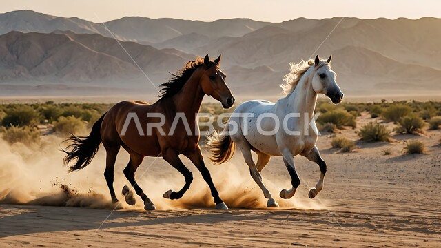تربيه وتدريب الخيول في المملكه العربيه, محميات طبيعيه للاهتمام بالحيوانات البريه, اتباع تقاليد الأجداد برعاية وتربية الجياد, أنشطة وفعاليات ركوب الأحصنة في السعودية، فرسان عربيان يركضان فوق رمال الصحراء  الذهبيه الناعمة, خلفية الطبيعه   الصحراويه