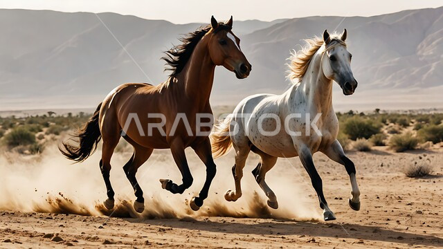تربيه وتدريب الخيول في المملكه العربيه, محميات طبيعيه للاهتمام بالحيوانات البريه, اتباع تقاليد الأجداد برعاية وتربية الجياد, أنشطة وفعاليات ركوب الأحصنة في السعودية، فرسان عربيان يركضان فوق رمال الصحراء  الذهبيه الناعمة, خلفية الطبيعه   الصحراويه