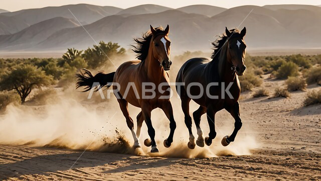 تربيه وتدريب الخيول في المملكه العربيه, محميات طبيعيه للاهتمام بالحيوانات البريه, اتباع تقاليد الأجداد برعاية وتربية الجياد, أنشطة وفعاليات ركوب الأحصنة في السعودية، فرسان عربيان يركضان فوق رمال الصحراء  الذهبيه الناعمة, خلفية الطبيعه   الصحراويه