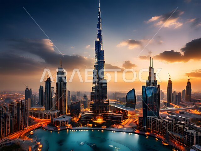 الفن الهندسي المعماري المتطور والمتقدم للمنشآت التجارية والسكنية، الأبراج وناطحات السحاب المحيطة ببرج خليفة المنعكس على الماء، معالم سياحية مشهورة في الإمارات العربية المتحدة، الواجهه البحرية لإمارة دبي وقت الغروب