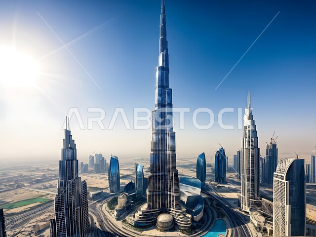 الفن الهندسي المعماري المتطور والمتقدم للمنشآت التجارية والسكنية، الأبراج وناطحات السحاب المحيطة ببرج خليفة المنعكس على الماء، معالم سياحية مشهورة في الإمارات العربية المتحدة، الواجهه البحرية لإمارة دبي في النهار