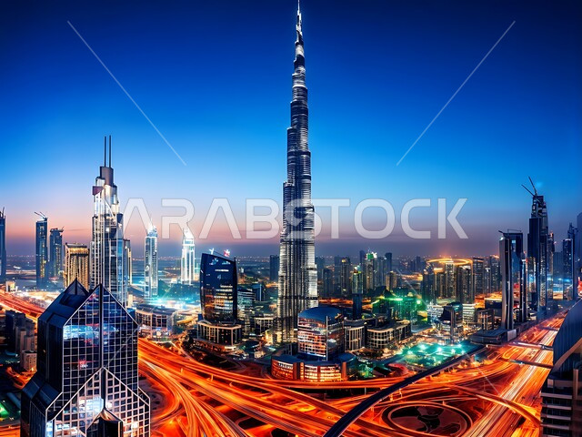 النمو والتطور العمراني للبنية التحتية والجسور والكباري، الأبراج وناطحات السحاب المحيطة ببرج خليفة المضيئة ليلا، الفن الهندسي المعماري المتطور للمنشآت التجارية والسكنية في مدينة دبي، معالم سياحية مشهورة في الإمارات العربية المتحدة