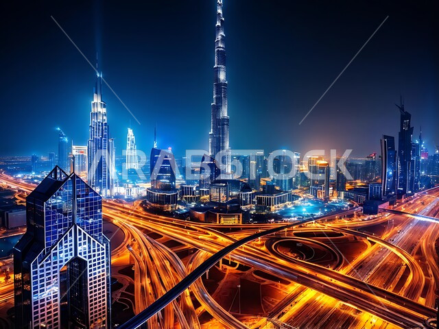 النمو والتطور العمراني للبنية التحتية والجسور والكباري، الأبراج وناطحات السحاب المحيطة ببرج خليفة المضيئة ليلا، الفن الهندسي المعماري المتطور للمنشآت التجارية والسكنية في مدينة دبي، معالم سياحية مشهورة في الإمارات العربية المتحدة