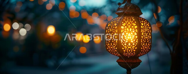 Celebrating the arrival of the month of goodness and blessings, hanging illuminated engraved metal lantern, rejoicing in the spiritual Ramadan atmosphere, old decorated Arabic lamps, decorations and ornaments to welcome the blessed Ramadan, designs and models with Islamic religious decoration