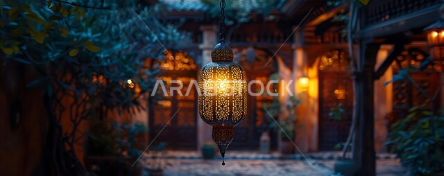 Celebrating the arrival of the month of goodness and blessings, hanging illuminated engraved metal lantern, rejoicing in the spiritual Ramadan atmosphere, old decorated Arabic lamps, decorations and ornaments to welcome the blessed Ramadan, designs and models with Islamic religious decoration