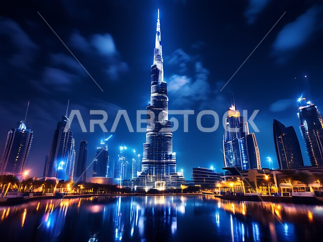الفن الهندسي المعماري المتطور والمتقدم للمنشآت التجارية والسكنية، الأبراج وناطحات السحاب المحيطة ببرج خليفة المنعكس على الماء، معالم سياحية مشهورة في الإمارات العربية المتحدة، الواجهه البحرية لإمارة دبي المضيئة ليلا