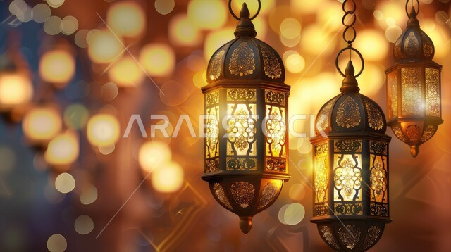 زينة شهر رمضان المبارك، مجموعه من الفوانيس المعلقة العربية المعدنية المزخرفة المضيئة، الفن الاسلامي للتحف والاكسسوارات، مناسبات دينية اسلامية، ديكورات وأنوار ذهبية في الأجواء الرمضانية الروحانية, الاحتفال بقدوم شهر الخير