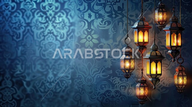 زينة شهر رمضان المبارك، مجموعه من الفوانيس المعلقة العربية المعدنية المزخرفة المضيئة، الفن الاسلامي للتحف والاكسسوارات، مناسبات دينية اسلامية، ديكورات وأنوار ذهبية في الأجواء الرمضانية الروحانية, الاحتفال بقدوم شهر الخير