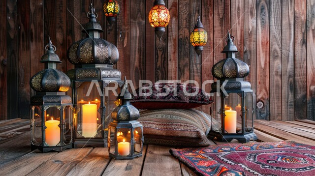 زينة شهر رمضان المبارك، مجموعه من الفوانيس المعلقة العربية المعدنية المزخرفة المضيئة، الفن الاسلامي للتحف والاكسسوارات، مناسبات دينية اسلامية، ديكورات وأنوار ذهبية في الأجواء الرمضانية الروحانية, الاحتفال بقدوم شهر الخير