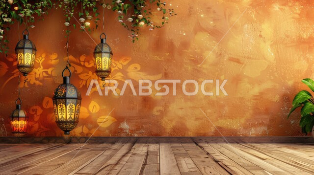 زينة شهر رمضان المبارك، مجموعه من الفوانيس المعلقة العربية المعدنية المزخرفة المضيئة، الفن الاسلامي للتحف والاكسسوارات، مناسبات دينية اسلامية، ديكورات وأنوار ذهبية في الأجواء الرمضانية الروحانية, الاحتفال بقدوم شهر الخير