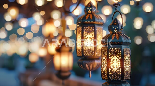 الفن الاسلامي للتحف والاكسسوارات، مناسبات دينية اسلامية، زينة شهر رمضان المبارك، مجموعه من الفوانيس المعلقة العربية المعدنية المزخرفة المضيئة، ديكورات وأنوار ذهبية في الأجواء الرمضانية الروحانية, الاحتفال بقدوم شهر الخير