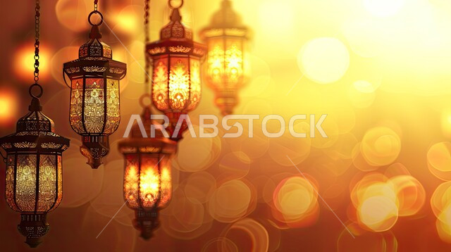 الفن الاسلامي للتحف والاكسسوارات، مناسبات دينية اسلامية، زينة شهر رمضان المبارك، مجموعه من الفوانيس المعلقة العربية المعدنية المزخرفة المضيئة، ديكورات وأنوار ذهبية في الأجواء الرمضانية الروحانية, الاحتفال بقدوم شهر الخير