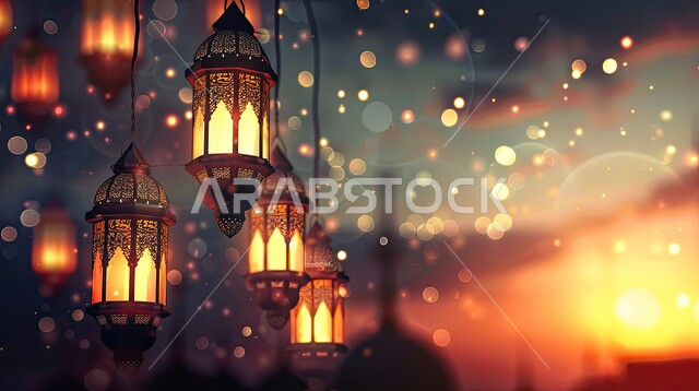 الفن الاسلامي للتحف والاكسسوارات، مناسبات دينية اسلامية، زينة شهر رمضان المبارك، مجموعه من الفوانيس المعلقة العربية المعدنية المزخرفة المضيئة، ديكورات وأنوار ذهبية في الأجواء الرمضانية الروحانية, الاحتفال بقدوم شهر الخير