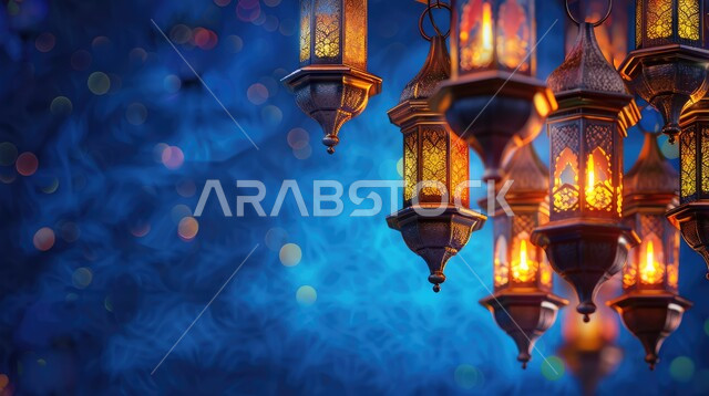 الفن الاسلامي للتحف والاكسسوارات، مناسبات دينية اسلامية، زينة شهر رمضان المبارك، مجموعه من الفوانيس المعلقة العربية المعدنية المزخرفة المضيئة، ديكورات وأنوار ذهبية في الأجواء الرمضانية الروحانية, الاحتفال بقدوم شهر الخير