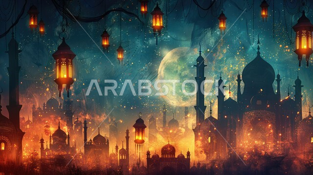 الفن الاسلامي للتحف والاكسسوارات، مناسبات دينية اسلامية، زينة شهر رمضان المبارك، مجموعه من الفوانيس المعلقة العربية المعدنية المزخرفة المضيئة، ديكورات وأنوار ذهبية في الأجواء الرمضانية الروحانية, الاحتفال بقدوم شهر الخير