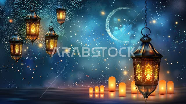 الفن الاسلامي للتحف والاكسسوارات، مناسبات دينية اسلامية، زينة شهر رمضان المبارك، مجموعه من الفوانيس المعلقة العربية المعدنية المزخرفة المضيئة، ديكورات وأنوار ذهبية في الأجواء الرمضانية الروحانية, الاحتفال بقدوم شهر الخير
