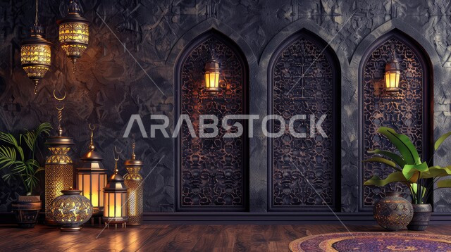 ديكورات وأنوار ذهبية في الأجواء الرمضانية الروحانية, الاحتفال بقدوم شهر الخير، الفن الاسلامي للتحف والاكسسوارات، مناسبات دينية اسلامية، زينة شهر رمضان المبارك، مجموعه من الفوانيس المعلقة العربية المعدنية المزخرفة المضيئة