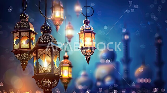 ديكورات وأنوار ذهبية في الأجواء الرمضانية الروحانية, الاحتفال بقدوم شهر الخير، الفن الاسلامي للتحف والاكسسوارات، مناسبات دينية اسلامية، زينة شهر رمضان المبارك، مجموعه من الفوانيس المعلقة العربية المعدنية المزخرفة المضيئة