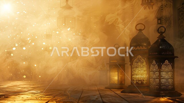 ديكورات وأنوار ذهبية في الأجواء الرمضانية الروحانية, الاحتفال بقدوم شهر الخير، الفن الاسلامي للتحف والاكسسوارات، مناسبات دينية اسلامية، زينة شهر رمضان المبارك، مجموعه من الفوانيس المعلقة العربية المعدنية المزخرفة المضيئة