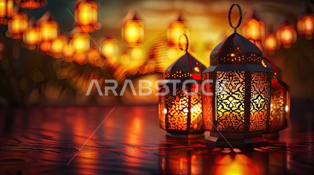 ديكورات وأنوار ذهبية في الأجواء الرمضانية الروحانية, الاحتفال بقدوم شهر الخير، الفن الاسلامي للتحف والاكسسوارات، مناسبات دينية اسلامية، زينة شهر رمضان المبارك، مجموعه من الفوانيس المعلقة العربية المعدنية المزخرفة المضيئة