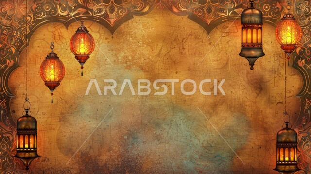 ديكورات وأنوار ذهبية في الأجواء الرمضانية الروحانية, الاحتفال بقدوم شهر الخير، الفن الاسلامي للتحف والاكسسوارات، مناسبات دينية اسلامية، زينة شهر رمضان المبارك، مجموعه من الفوانيس المعلقة العربية المعدنية المزخرفة المضيئة