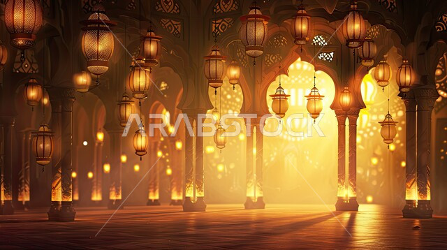 ديكورات وأنوار ذهبية في الأجواء الرمضانية الروحانية, الاحتفال بقدوم شهر الخير، الفن الاسلامي للتحف والاكسسوارات، مناسبات دينية اسلامية، زينة شهر رمضان المبارك، مجموعه من الفوانيس المعلقة العربية المعدنية المزخرفة المضيئة