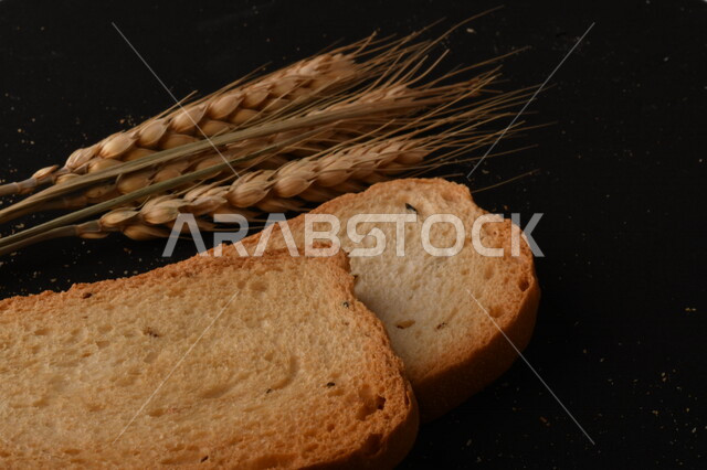 صورة مقربة لمجموعة من نباتات القمح ، وشرائح خبز التوست المحمصة على خلفية سوداء