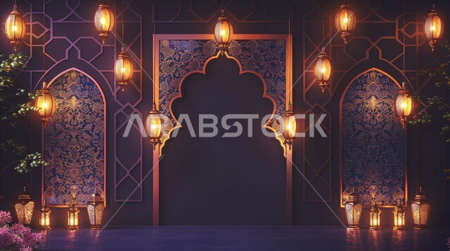 A collection of hanging illuminated decorative Arabic metal lanterns, decorations and golden lights in the spiritual Ramadan atmosphere, celebrating the arrival of the month of goodness, Islamic art for antiques and accessories, Islamic religious occasions, crescent moon and decorations for the blessed month of Ramadan