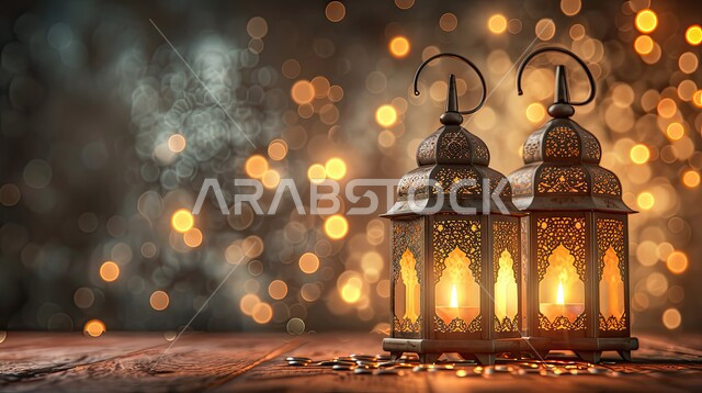 مجموعه من الفوانيس المعلقة العربية المعدنية المزخرفة المضيئة، ديكورات وأنوار ذهبية في الأجواء الرمضانية الروحانية, الاحتفال بقدوم شهر الخير، الفن الاسلامي للتحف والاكسسوارات، مناسبات دينية اسلامية، زينة شهر رمضان المبارك