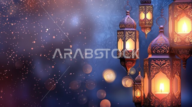 مجموعه من الفوانيس المعلقة العربية المعدنية المزخرفة المضيئة، ديكورات وأنوار ذهبية في الأجواء الرمضانية الروحانية, الاحتفال بقدوم شهر الخير، الفن الاسلامي للتحف والاكسسوارات، مناسبات دينية اسلامية، زينة شهر رمضان المبارك