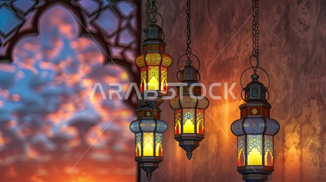 مجموعه من الفوانيس المعلقة العربية المعدنية المزخرفة المضيئة، ديكورات وأنوار ذهبية في الأجواء الرمضانية الروحانية, الاحتفال بقدوم شهر الخير، الفن الاسلامي للتحف والاكسسوارات، مناسبات دينية اسلامية، زينة شهر رمضان المبارك