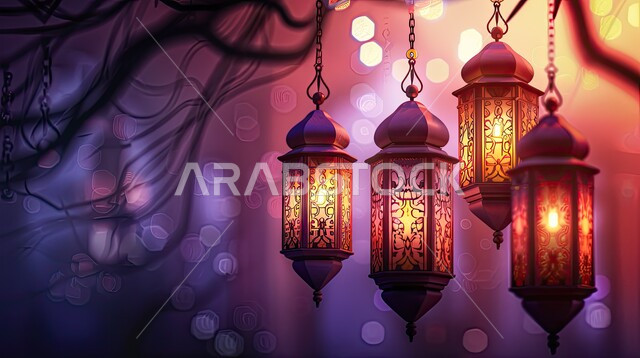 مجموعه من الفوانيس المعلقة العربية المعدنية المزخرفة المضيئة، ديكورات وأنوار ذهبية في الأجواء الرمضانية الروحانية, الاحتفال بقدوم شهر الخير، الفن الاسلامي للتحف والاكسسوارات، مناسبات دينية اسلامية، زينة شهر رمضان المبارك