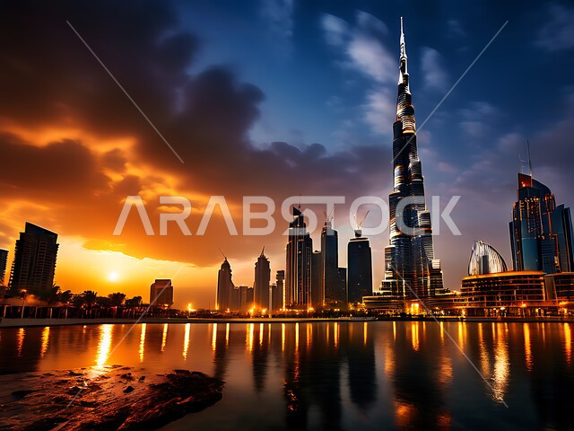 الفن الهندسي المعماري المتطور والمتقدم للمنشآت التجارية والسكنية، الأبراج وناطحات السحاب المحيطة ببرج خليفة المنعكس على الماء، معالم سياحية مشهورة في الإمارات العربية المتحدة، الواجهه البحرية لإمارة دبي وقت الغروب