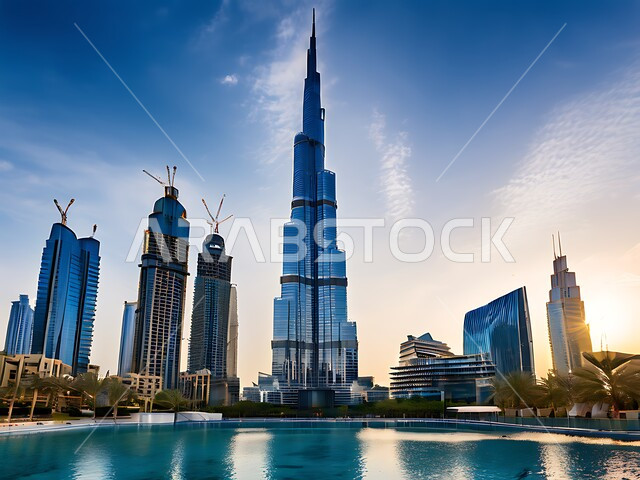 الفن الهندسي المعماري المتطور والمتقدم للمنشآت التجارية والسكنية، الأبراج وناطحات السحاب المحيطة ببرج خليفة المنعكس على الماء، معالم سياحية مشهورة في الإمارات العربية المتحدة، الواجهه البحرية لإمارة دبي