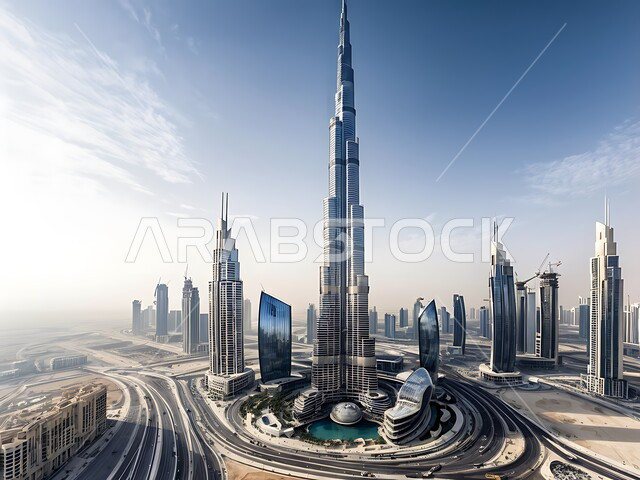 النمو والتطور العمراني للبنية التحتية والجسور والكباري، الأبراج وناطحات السحاب المحيطة ببرج خليفة، الفن الهندسي المعماري المتطور للمنشآت التجارية والسكنية في مدينة دبي، معالم سياحية مشهورة في الإمارات العربية المتحدة