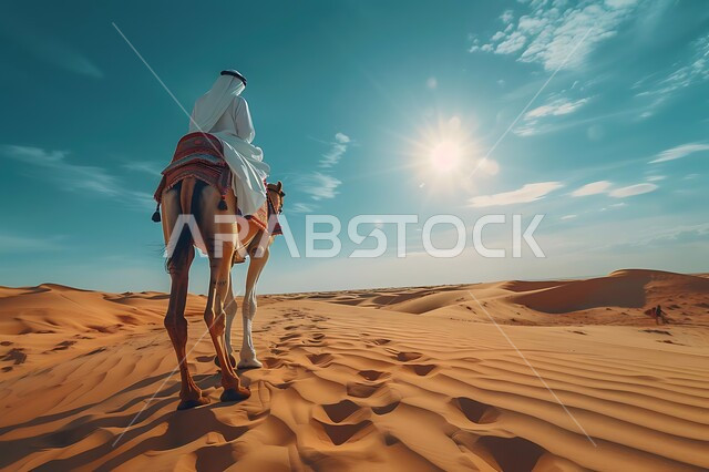 مفهوم الأصالة والعراقة، رجل عربي خليجي سعودي يرتدي الثوب التقليدي يقوم بامتطاء الجمل وسط الصحراء، التلال والكثبان الرملية في المناطق الصحراوية، استخدام الحيوانات للتنقل في البادية، تربية الإبل و النوق في المحميات الطبيعية