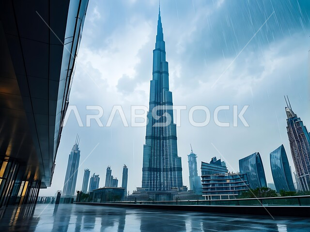 منظر السماء الملبدة بالغيوم، الفن الهندسي المعماري المتطور والمتقدم للمنشآت التجارية والسكنية، النمو والتقدم العمراني للأبراج وناطحات السحاب وبرج خليفة، معالم سياحية مشهورة في الإمارات العربية المتحدة، الواجهه البحرية لإمارة دبي