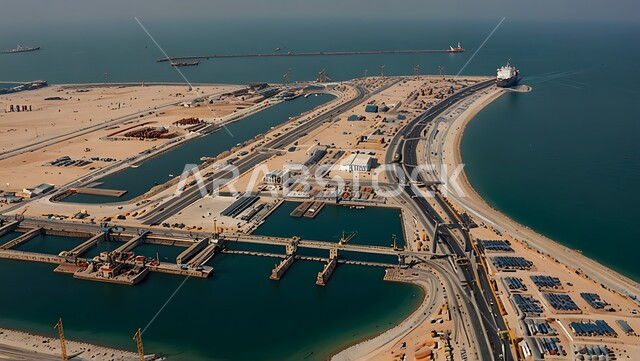 تعبئة وشحن الحاويات والبضائع التجارية وكوتينزات التخزين، ميناء ومرفأ تجاري لتوصيل السلع والمنتجات المحلية عبر السفن في البحار، نقل البضائع عن طريق البحر في المملكة العربية السعودية، التجارة والصناعة والاقتصاد البحري