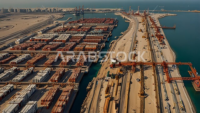 Packing and shipping of containers, commercial goods and storage containers, port and commercial port for delivering local goods and products via ships at sea, transporting goods by sea in the Kingdom of Saudi Arabia, trade, industry and maritime economy