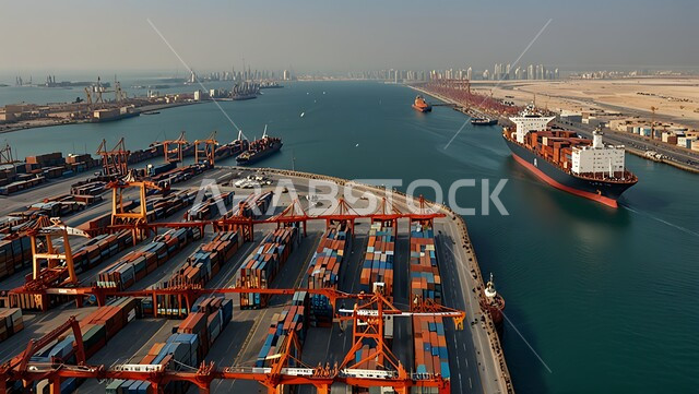 تعبئة وشحن الحاويات والبضائع التجارية وكوتينزات التخزين، ميناء ومرفأ تجاري لتوصيل السلع والمنتجات المحلية عبر السفن في البحار، نقل البضائع عن طريق البحر في المملكة العربية السعودية، التجارة والصناعة والاقتصاد البحري