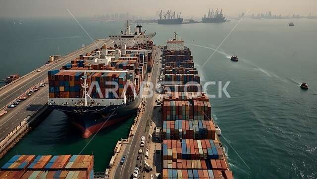 تعبئة وشحن الحاويات والبضائع التجارية وكوتينزات التخزين، ميناء ومرفأ تجاري لتوصيل السلع والمنتجات المحلية عبر السفن في البحار، نقل البضائع عن طريق البحر في المملكة العربية السعودية، التجارة والصناعة والاقتصاد البحري